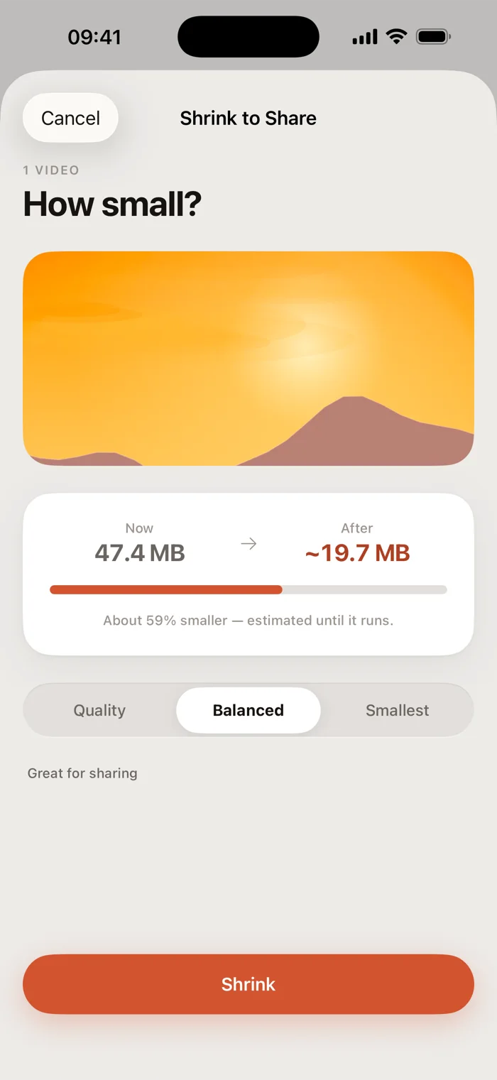 A quality picker offering Quality, Balanced and Smallest, with the estimated size after.