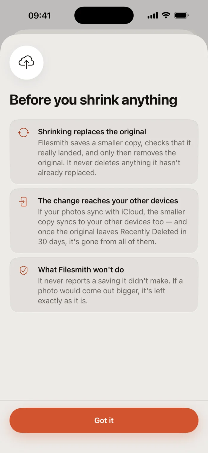 A screen explaining what happens before anything is shrunk, replaced or deleted.